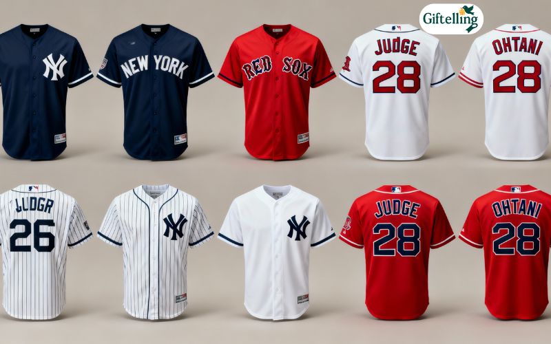 Collection of authentic MLB baseball jerseys displayed featuring various team colors and player names