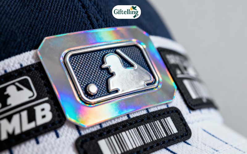 Close-up of official MLB holographic authentication tag and licensing labels on baseball jersey