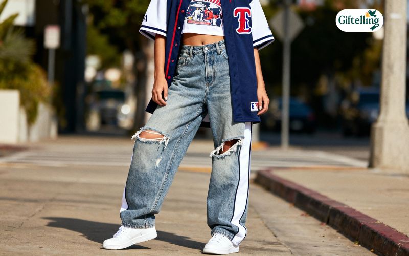 Modern street style fashion featuring MLB baseball jerseys paired with contemporary casual wear