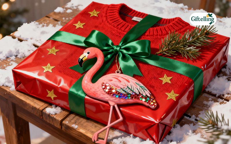 Beautifully wrapped flamingo Christmas sweater gift with festive wrapping and flamingo decorative elements