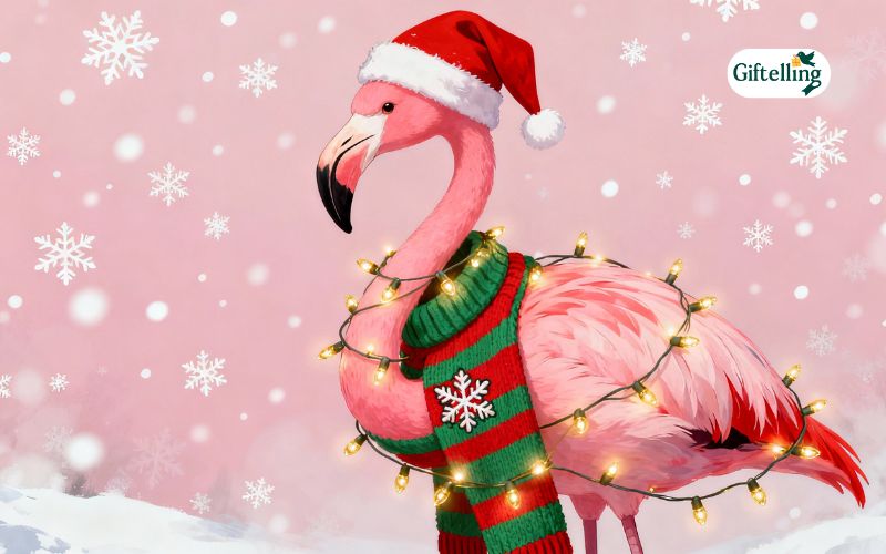Pink flamingo wearing Santa hat with Christmas lights and snowflakes on festive holiday sweater