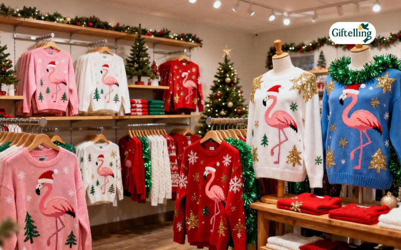 Holiday boutique display showing variety of flamingo Christmas sweaters on racks and mannequins