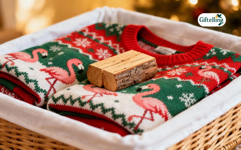 Folded flamingo Christmas sweaters stored properly in organized container with cedar blocks