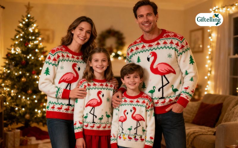 Family wearing matching flamingo Christmas sweaters in coordinated designs for holiday photo session
