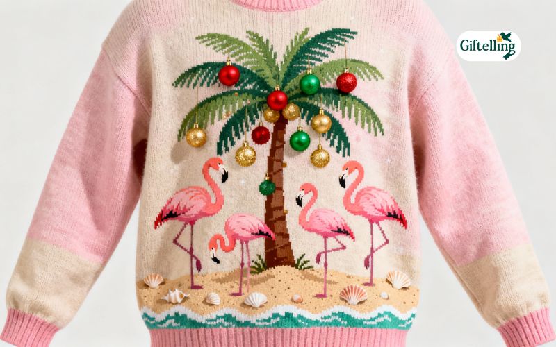 Tropical Christmas sweater showing pink flamingos around decorated palm tree with ornaments and beach theme