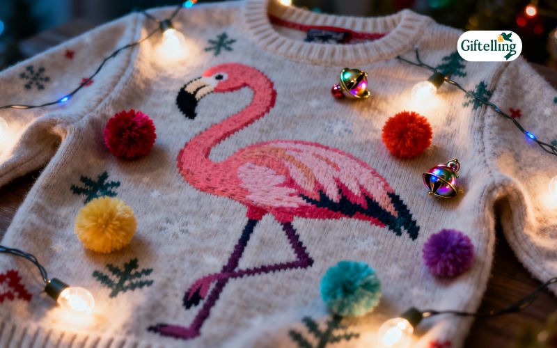 Ugly flamingo Christmas sweater with LED lights, 3D pom-poms, and jingle bells glowing at night