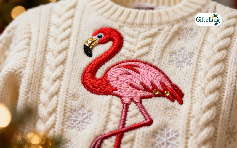 Close-up of cable knit flamingo Christmas sweater showing detailed texture and embroidered flamingo design
