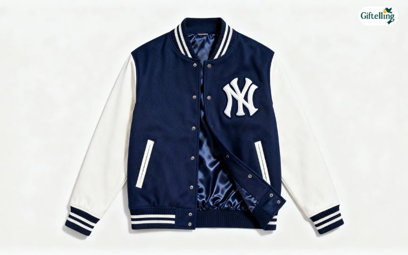 New York Yankees navy and white varsity jacket showing iconic interlocking NY logo embroidery