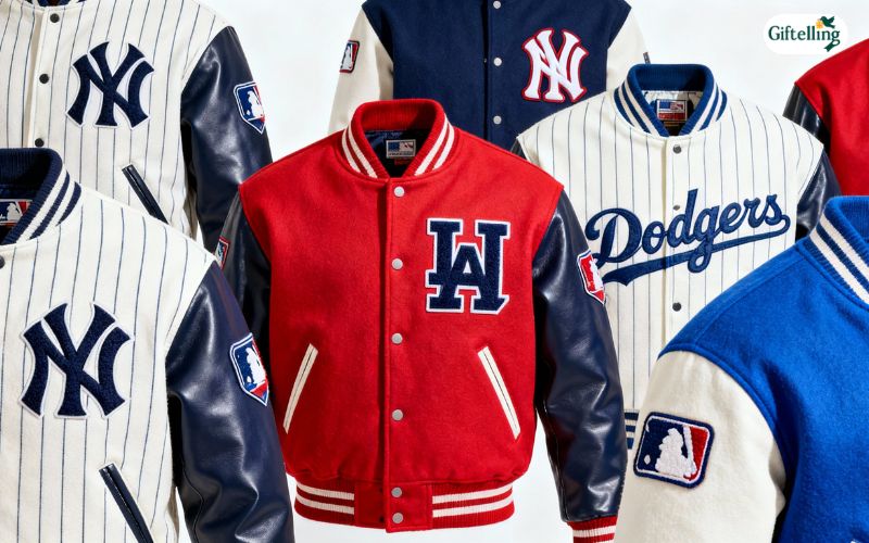 Collection of top varsity and letterman MLB baseball jackets featuring various team designs and colors