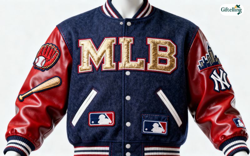 Custom personalized MLB letterman jacket showing various patches, embroidery, and unique details