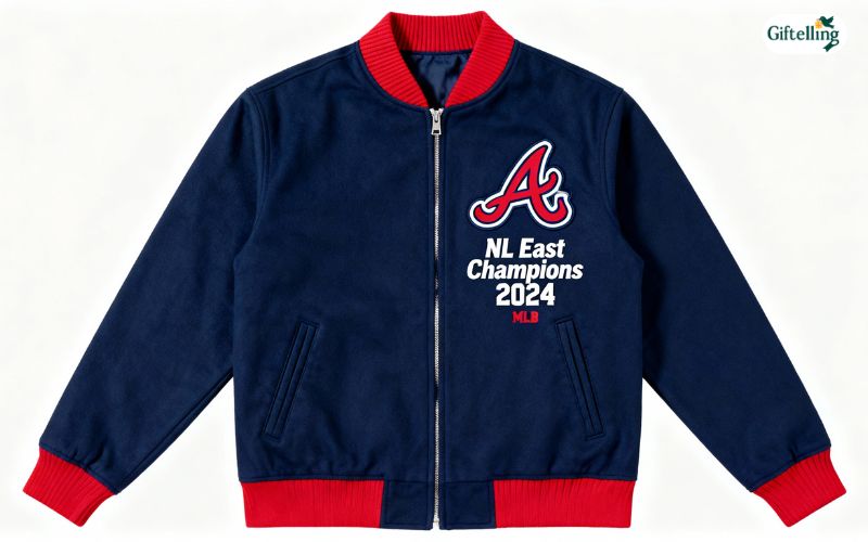 Atlanta Braves navy and red varsity jacket with tomahawk logo and division championship details
