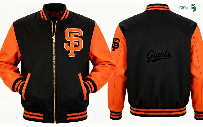 San Francisco Giants black and orange varsity jacket featuring bold color contrast and modern styling