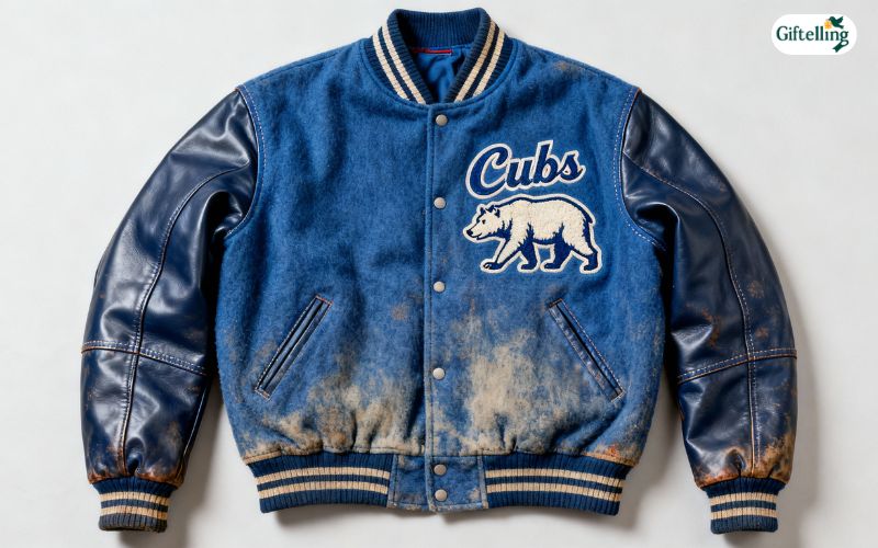 Chicago Cubs retro throwback letterman jacket with vintage Cubbie Blue and walking bear logo