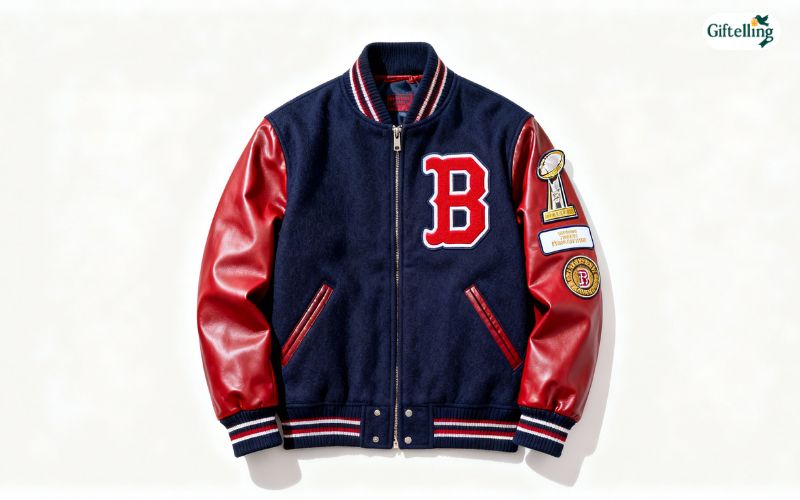 Boston Red Sox navy and red varsity jacket with classic B logo and championship patches