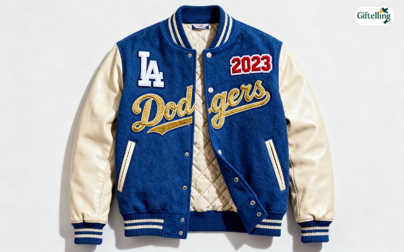 Los Angeles Dodgers royal blue letterman jacket featuring cursive script logo and chenille patches