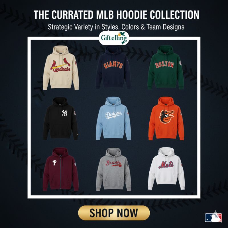Curated MLB baseball hoodie collection showing strategic variety in styles colors and team designs