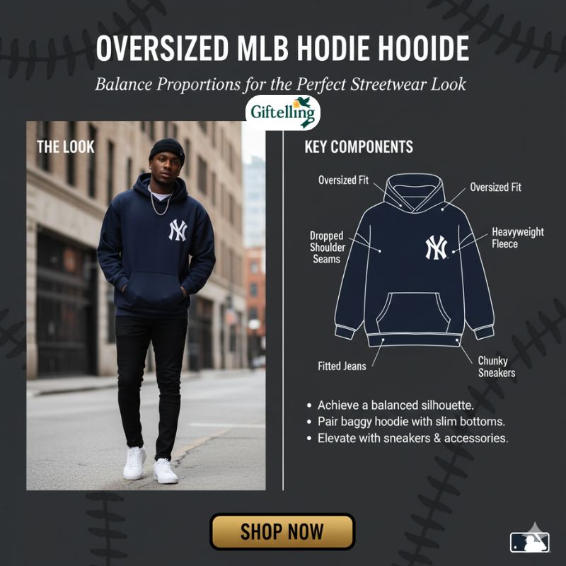 Oversized MLB statement hoodie showing contemporary streetwear styling with bold team graphics