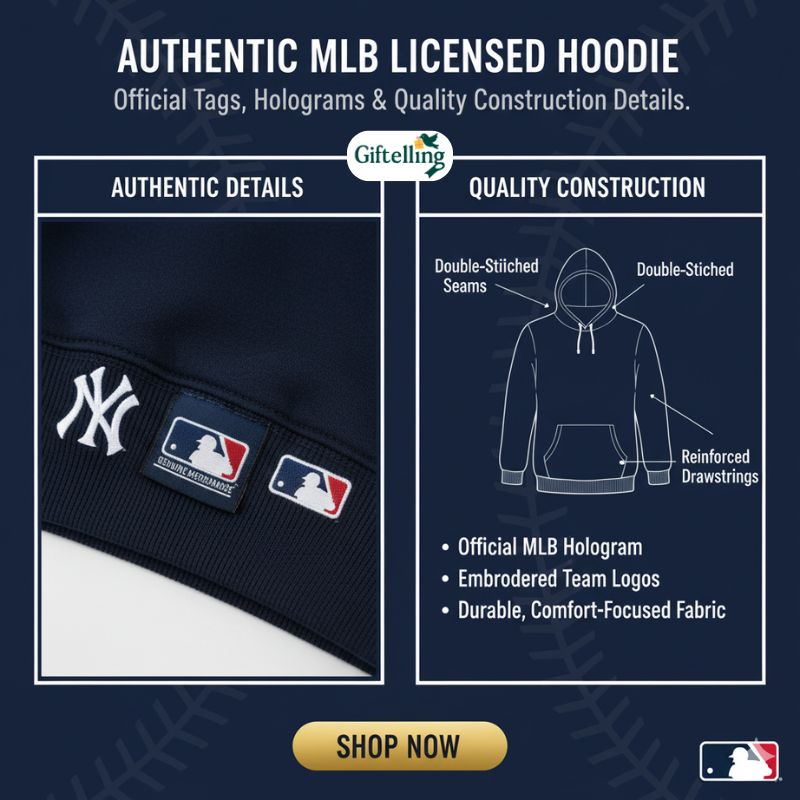 Authentic MLB licensed hoodie showing official tags holograms and quality construction details