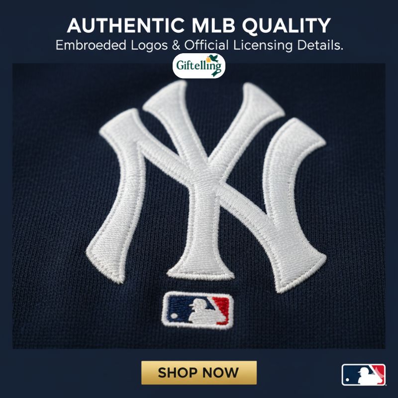 Close up of authentic MLB team logo embroidered on quality baseball hoodie showing licensing details