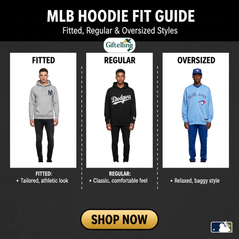 MLB pullover hoodie fit guide showing different sizing options from fitted to oversized styles