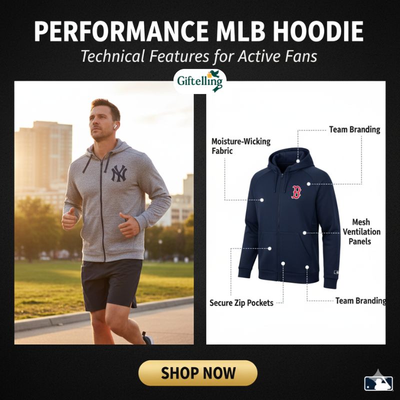 Performance zip up MLB hoodie with technical features and team branding for active baseball fans