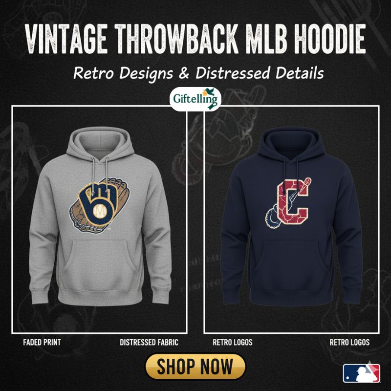 Vintage throwback MLB baseball hoodie featuring retro team logo and distressed design elements