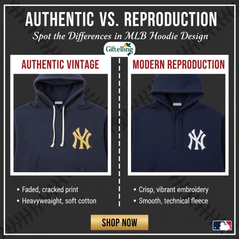 Comparison of authentic vintage MLB hoodie and modern reproduction showing design differences