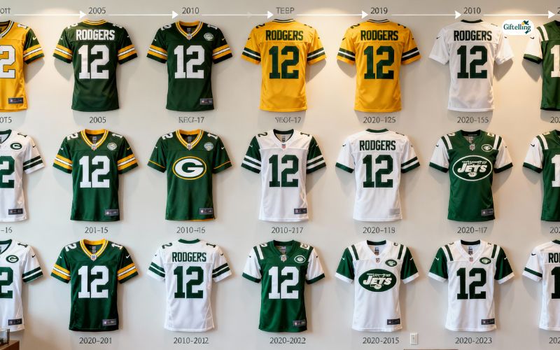 Aaron Rodgers fan jersey collection showing multiple team variations and career stages