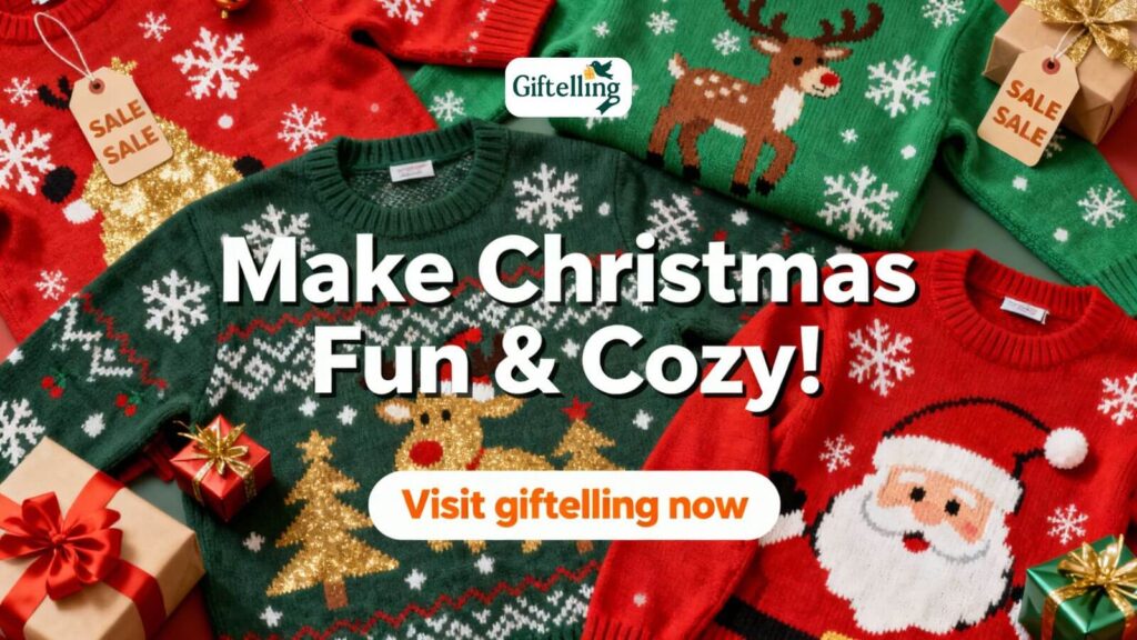 Funny ugly Christmas sweater Black Friday sale banner with festive design and snowflakes