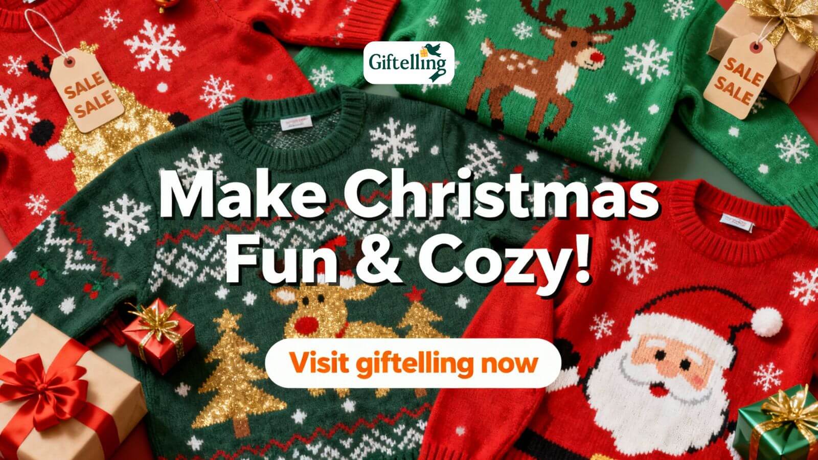 Funny ugly Christmas sweater Black Friday sale banner with festive design and snowflakes