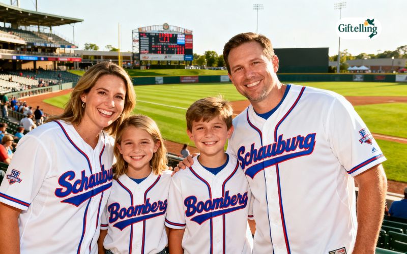 Family wearing matching Schaumburg Boomers jerseys smiling together at baseball stadium