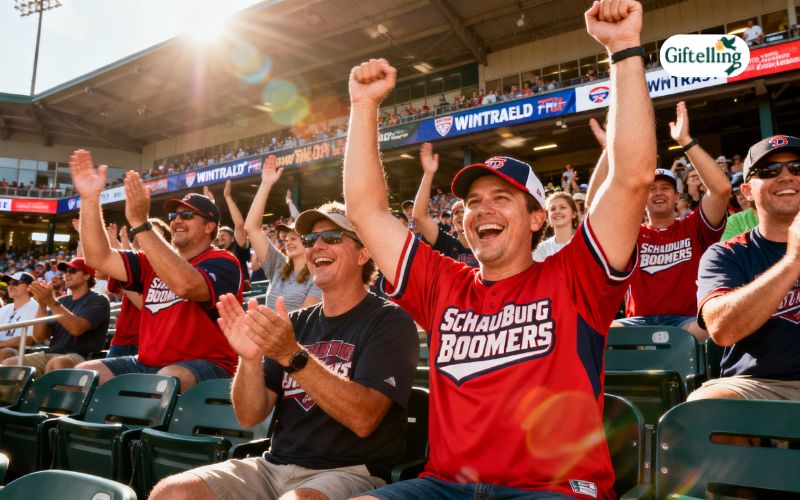 Excited fans wearing Schaumburg Boomers jerseys cheering in stadium stands at Wintrust Field