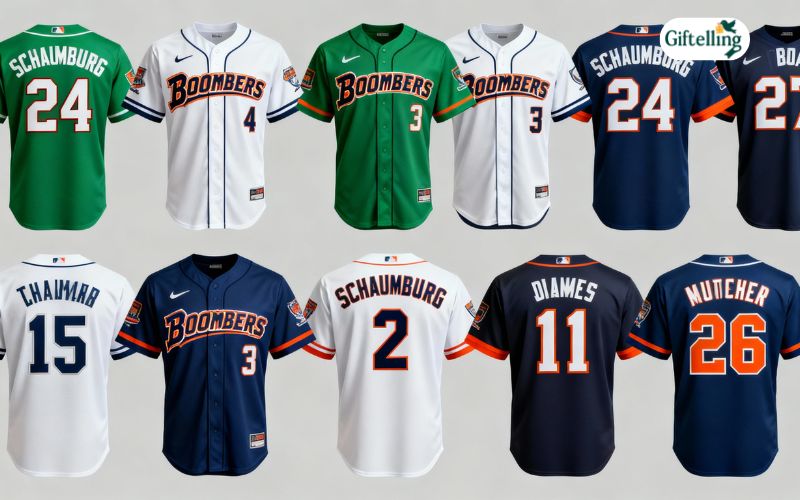 Schaumburg Boomers popular player jerseys displayed showing various numbers and name combinations