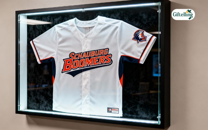 Properly displayed Schaumburg Boomers jersey in professional UV-protective shadowbox frame on wall