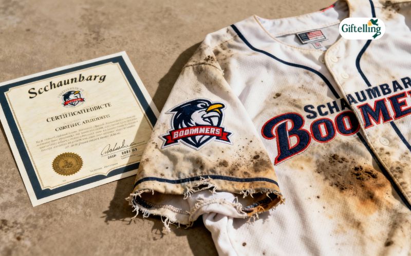 Game-worn Schaumburg Boomers jersey with visible dirt and wear alongside certificate of authenticity