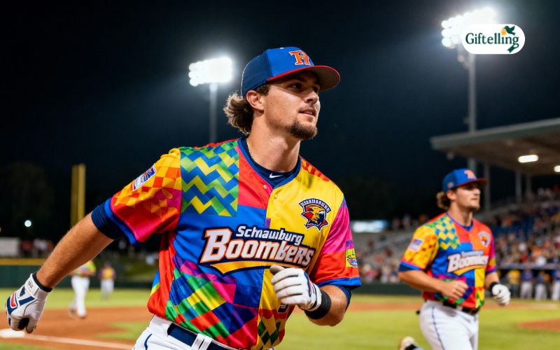 Schaumburg Boomers players wearing colorful promotional special edition jerseys for themed game night