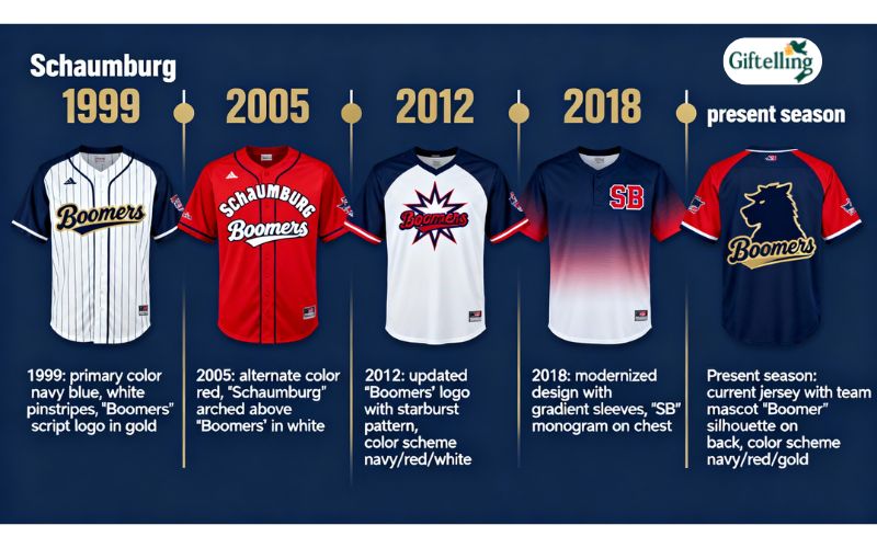 Evolution timeline showing Schaumburg Boomers jersey designs from 1999 to present season