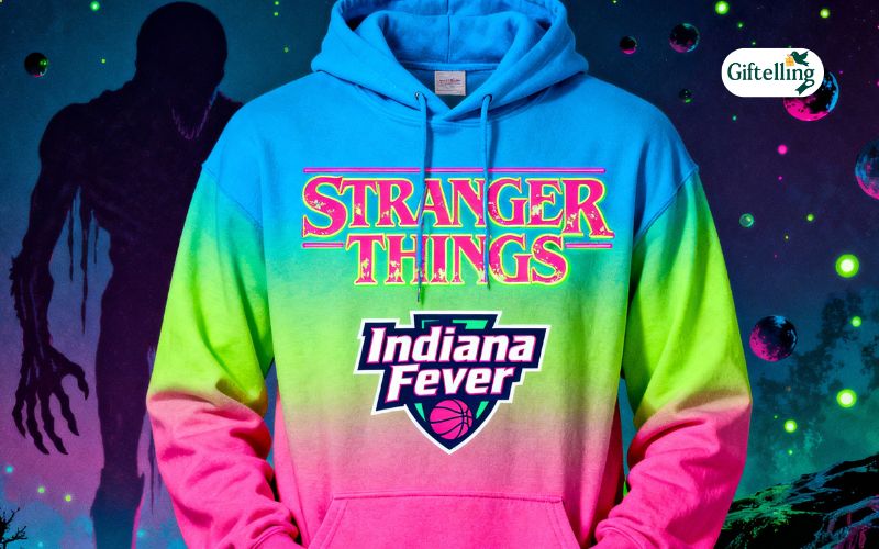 Indiana Fever Stranger Things hoodie featuring retro 80s design with team logo and Upside Down graphics
