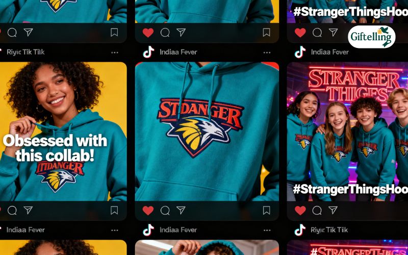 Social media feed showing viral TikTok videos and Instagram posts featuring Indiana Fever Stranger Things hoodie