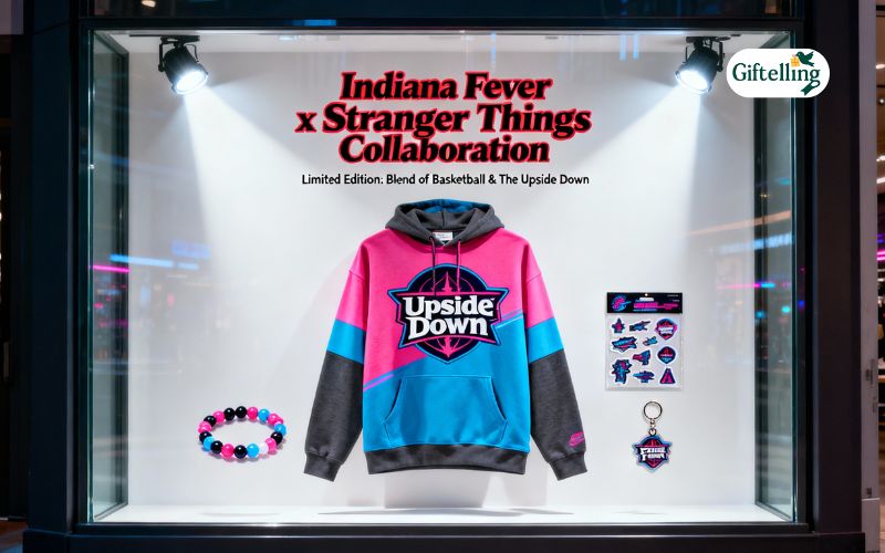 Indiana Fever official team store display showcasing Stranger Things collaboration hoodie merchandise selection
