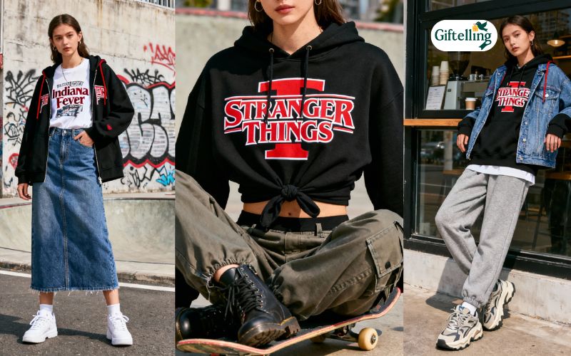 Fashion styling examples showing Indiana Fever Stranger Things hoodie worn in different casual and streetwear outfits