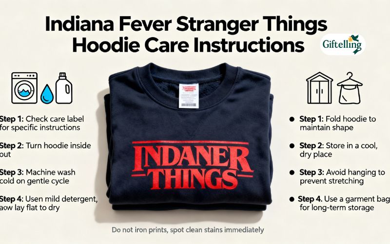 Proper care instructions showing correct washing and storage methods for Indiana Fever Stranger Things hoodie