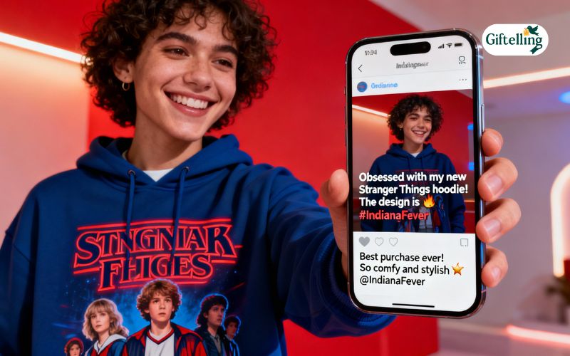 Social media posts and fan testimonials showing positive reactions to Indiana Fever Stranger Things hoodie