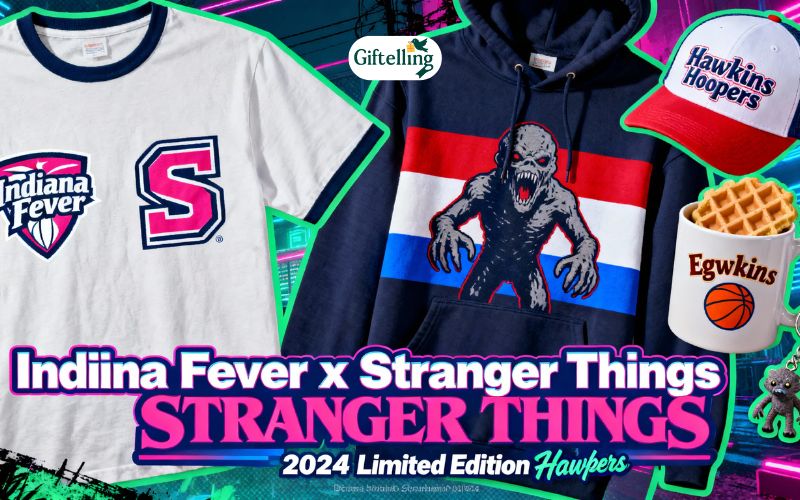Concept art showing potential future Indiana Fever Stranger Things collaboration merchandise and apparel designs