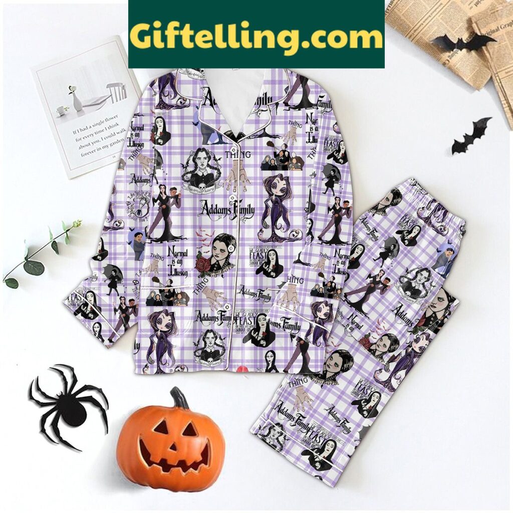 Addams Family Normal Is An Illusion Pajamas Set, Cartoon Print Sleepwear