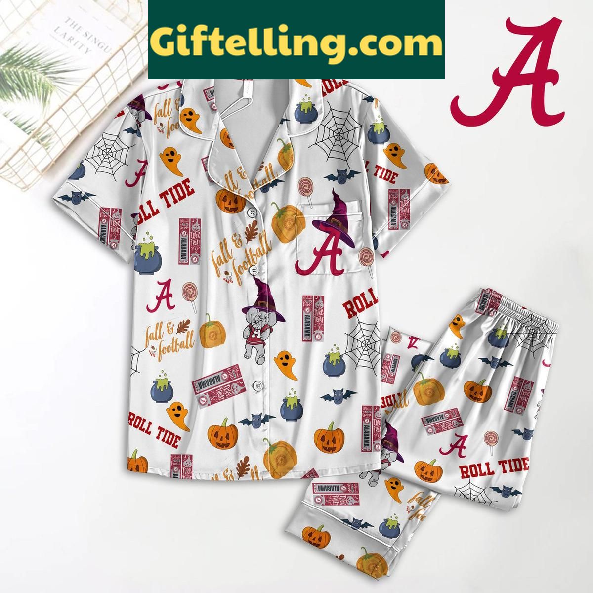 Alabama Crimson Tide Fall And Football Polyester Pajamas Set Alabama Crimson Tide Fall and product image showing design and team colors