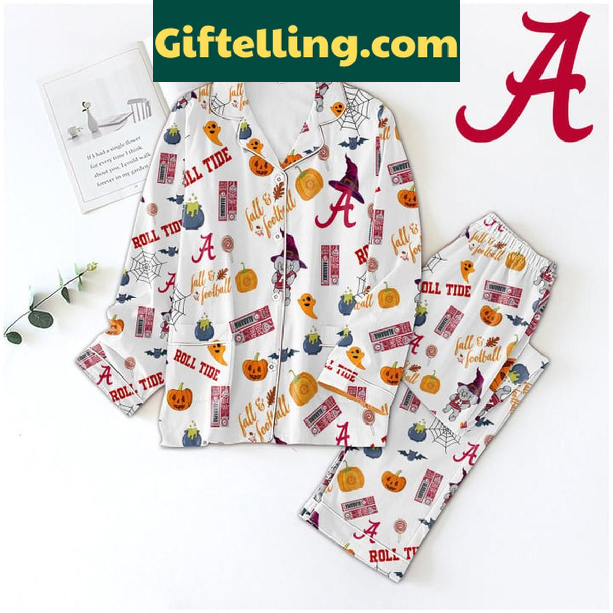 Alabama Crimson Tide Fall And Football Polyester Pajamas Set Alabama Crimson Tide Fall and product image showing design and team colors