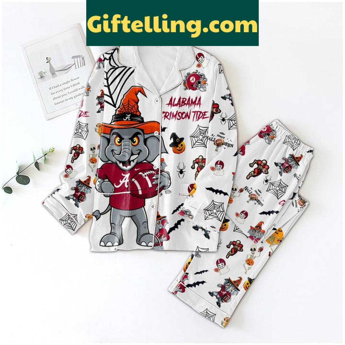 Alabama Crimson Tide Happy Halloween 2024 White Version Polyester Pajamas Set Alabama Crimson Tide Happy Halloween product image showing design and team colors