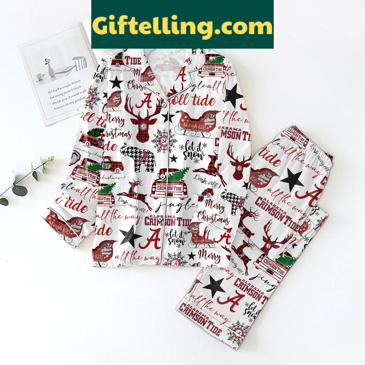 Alabama Crimson Tide Roll Tide Roll Merry Christmas 2024 Polyester Pajamas Set Alabama Crimson Tide Roll Tide product image showing design and team colors