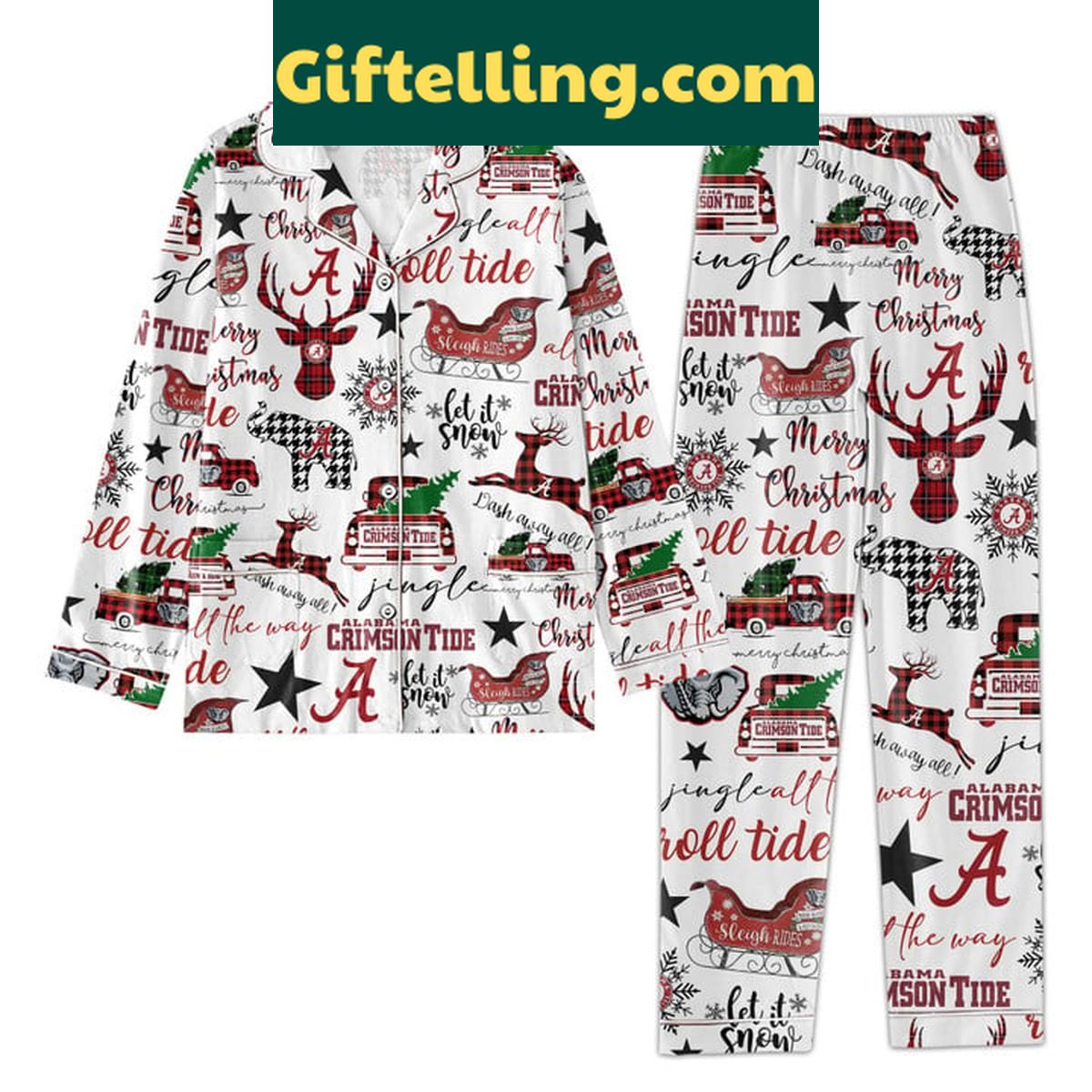 Alabama Crimson Tide Roll Tide Roll Merry Christmas 2024 Polyester Pajamas Set Alabama Crimson Tide Roll Tide product image showing design and team colors